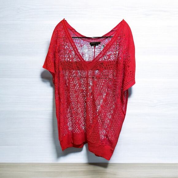 BCBG Maxazria Crocheted Linen Cotton Blend Bohemian Top Pink Lge Oversized Retro - Picture 2 of 8